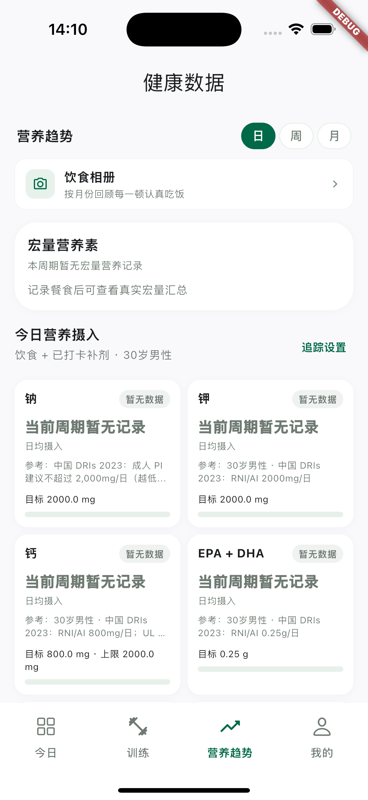 卡右健康数据与营养趋势页面